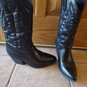 Women's Black Faux Leather Heeled Cowboy Boots